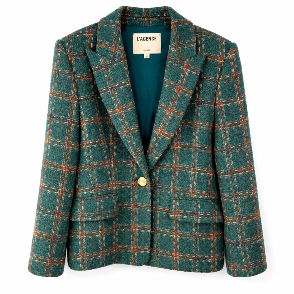 L'Agence Gweny Relaxed Blazer Green Windowpane Tweed MSRP $650 Size 4 - Picture 2 of 4